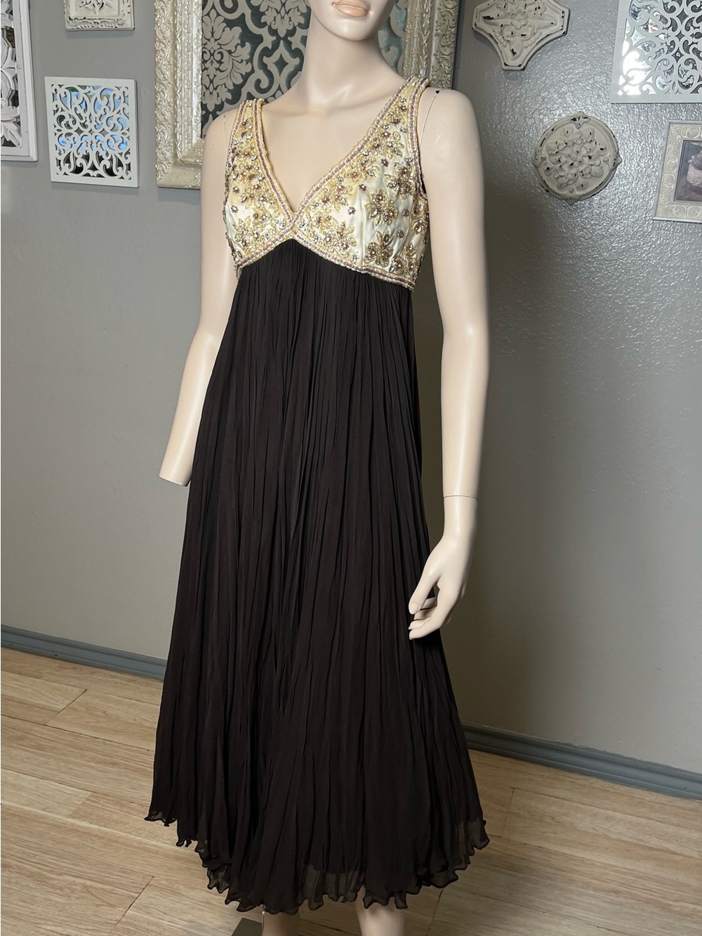 Vintage 1960’s or 1970’s Maxi Dress With beaded and Rhinestone Bodice